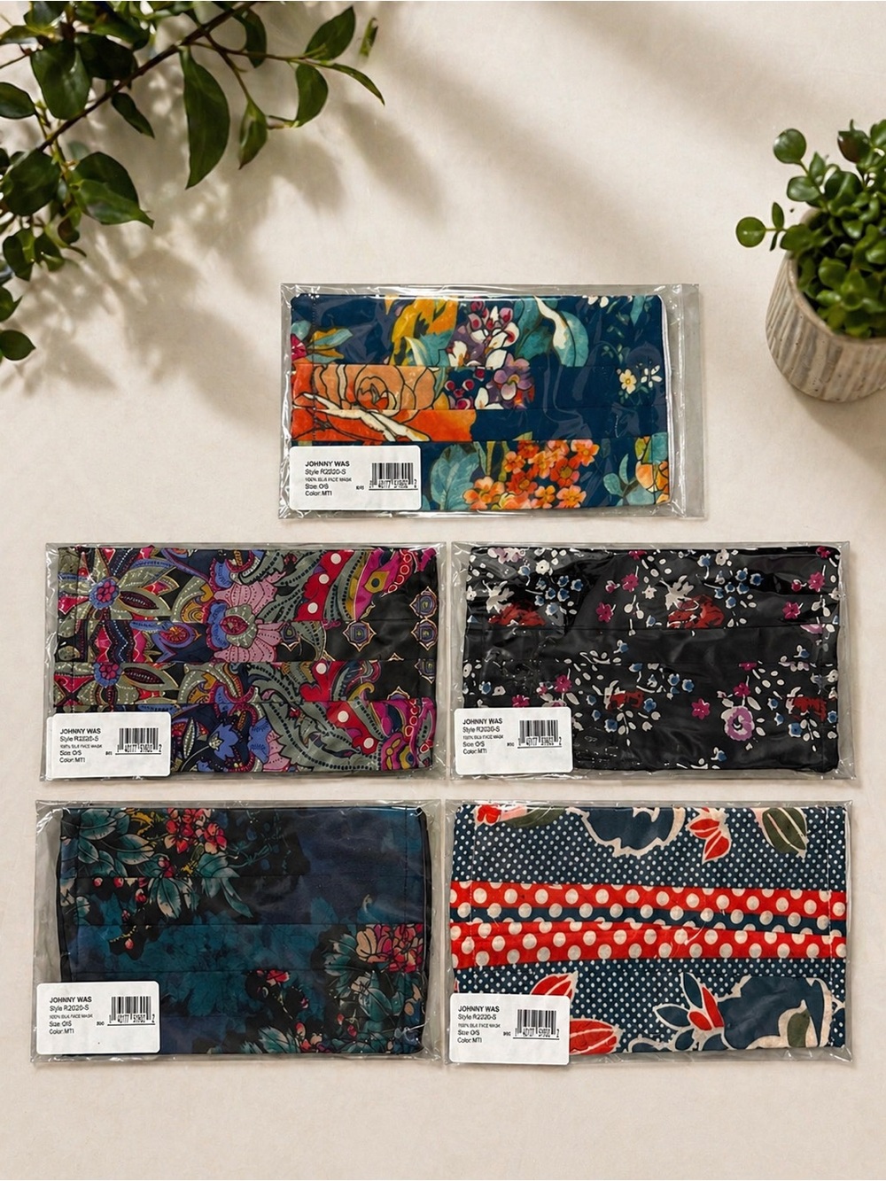 New in Bags! Johnny Was Lot of 5 Floral Print Face Masks Silk Cotton Material